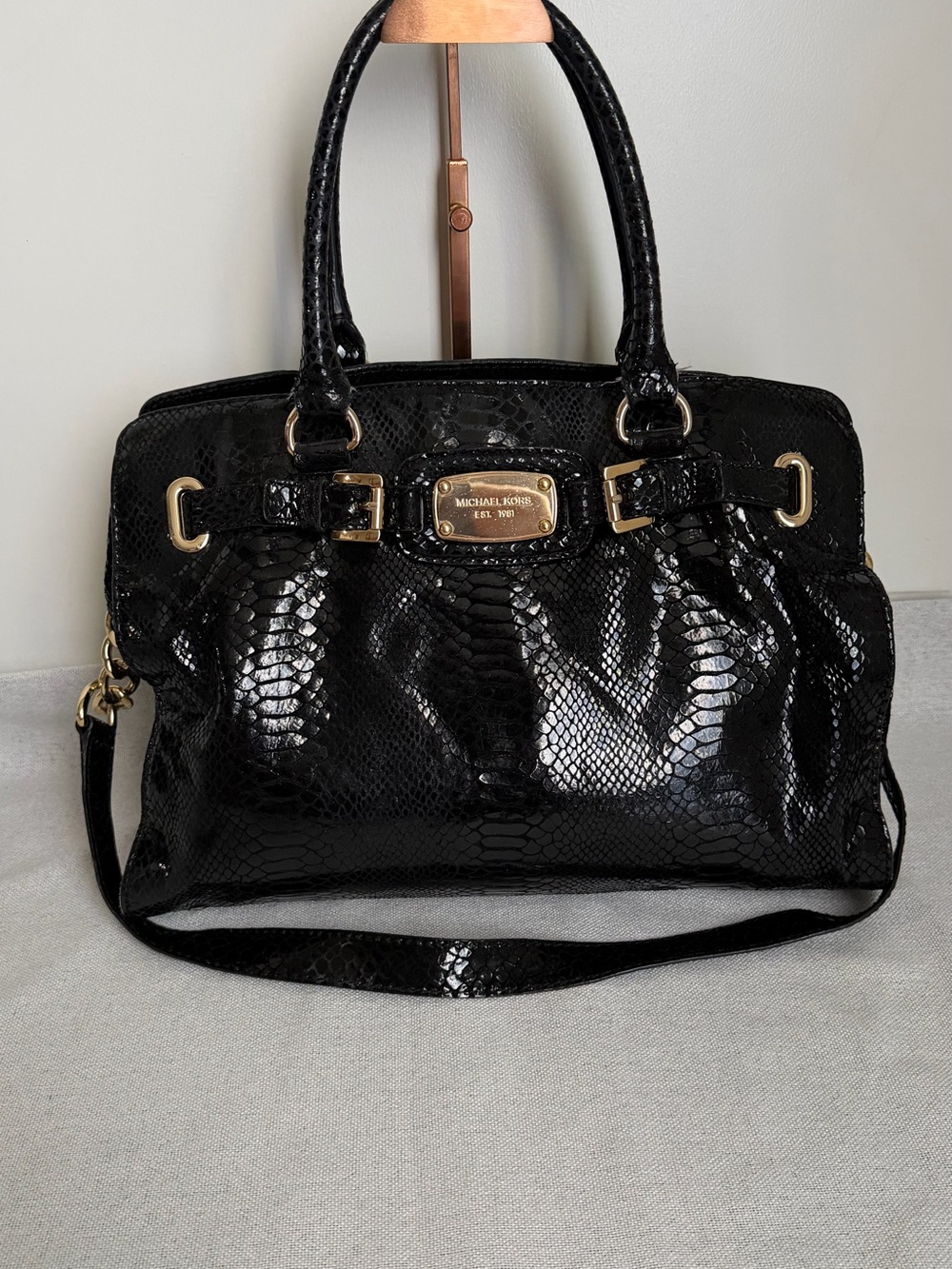 MICHAEL Michael Kors Black Phyton Suede East West Hamilton Tote